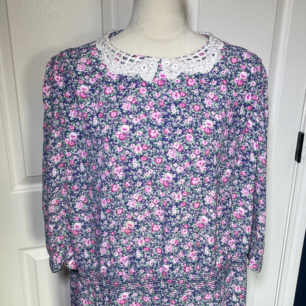 Vintage KSL Floral Midi Dress Crochet Collar Pink & Blue 3/4 Sleeve Size 20 - Picture 2 of 13